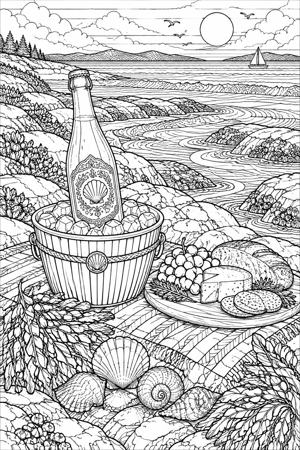A black and white coloring page features a champagne bottle in an ice bucket beside a food platter, seashells, and a coastal ocean landscape with hills and a sun.