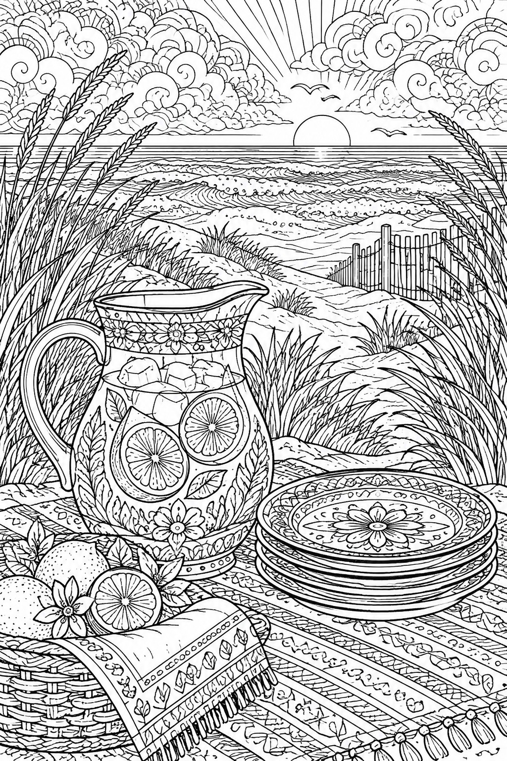 Detailed line drawing of floral pitcher with citrus slices, stacked plates, and basket by the sea.