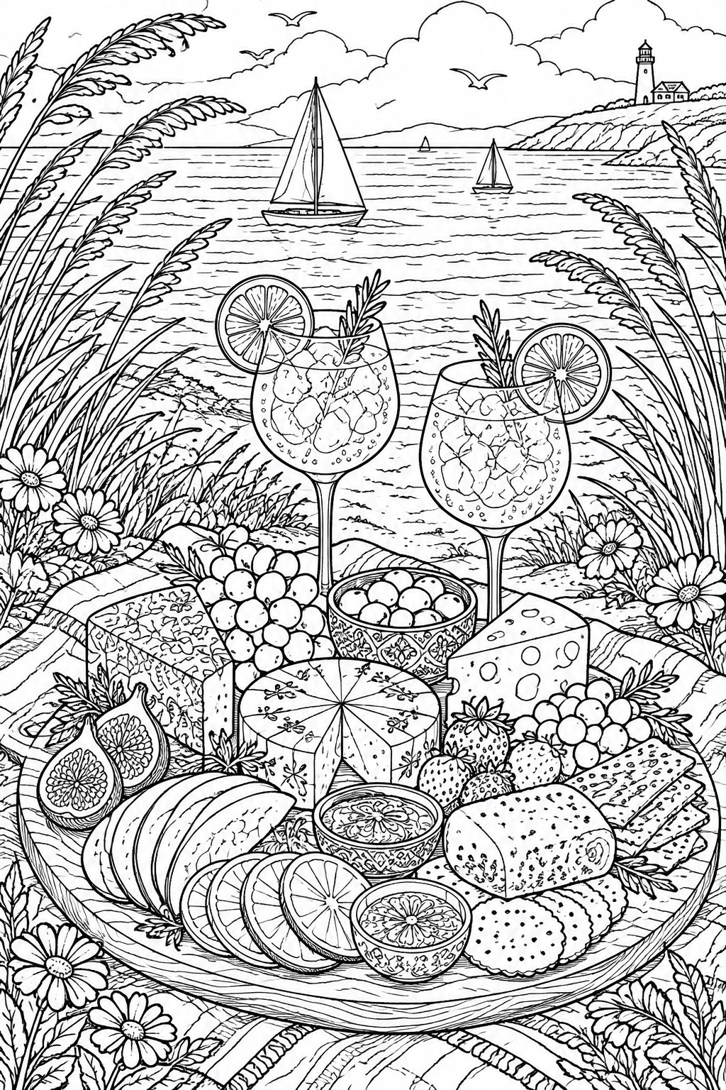 Black and white line art of a beach picnic platter with two glasses of drinks, cheeses, fruits, crackers, ocean, sailboats, and a lighthouse.