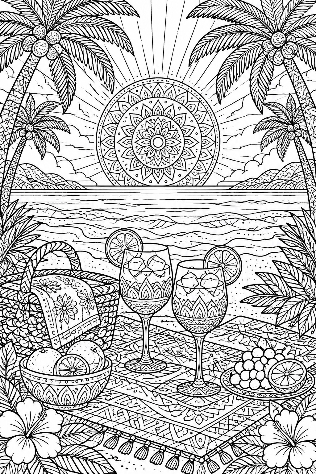 A black and white line drawing of a beach picnic with two decorated wine glasses on a blanket, palm trees, a mandala sun, and fruit.