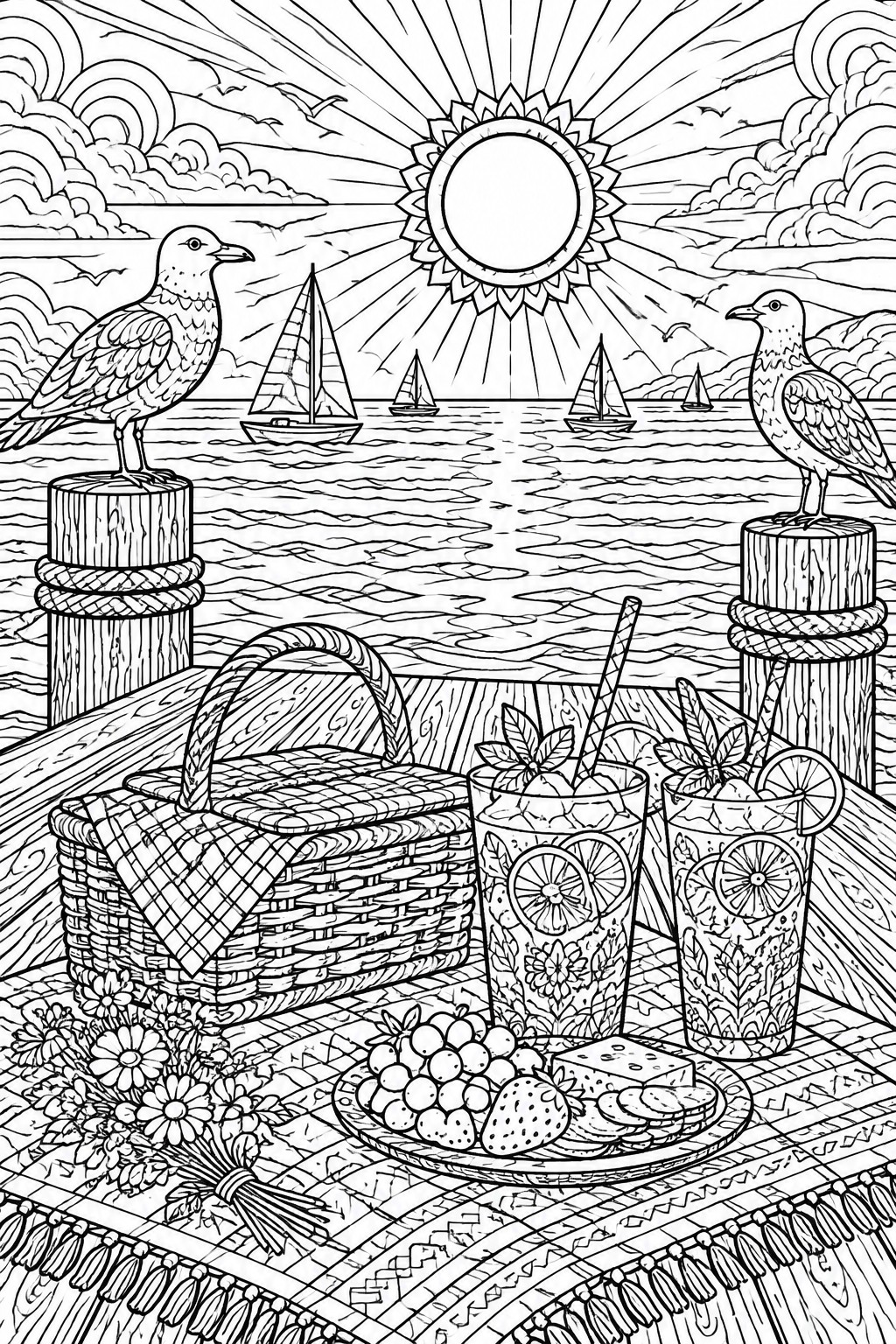 Line art of dock picnic with seagulls, basket, fruit drinks, sailboats, and radiant sun.