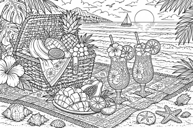 Line art of tropical beach picnic with fruit basket and cocktails on blanket.