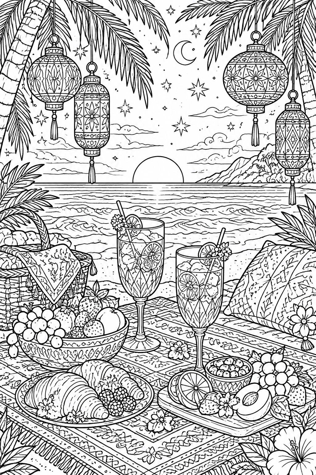 A black and white line drawing of a beach picnic at sunset with two glasses of drinks, fruit bowls, croissants on a patterned blanket, hanging lanterns from palm trees, ocean waves, and mountains in the background.