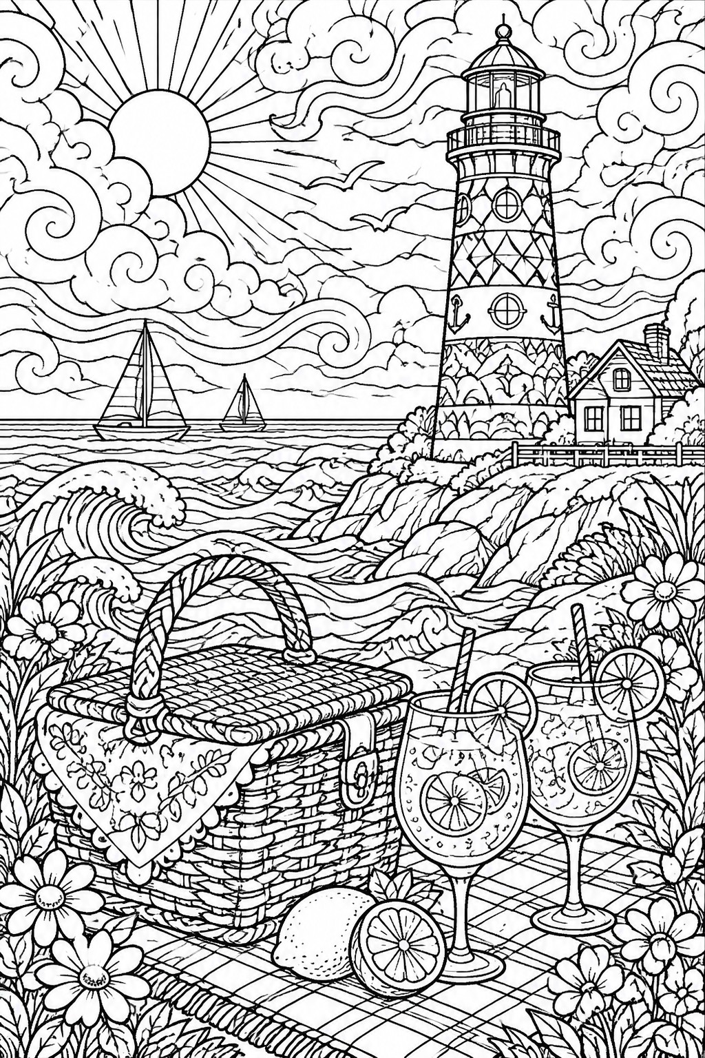 A black and white line drawing of a picnic basket and two drinks with lemon slices on a blanket, with a lighthouse, ocean waves, sailboats, flowers, and a sun in the background.