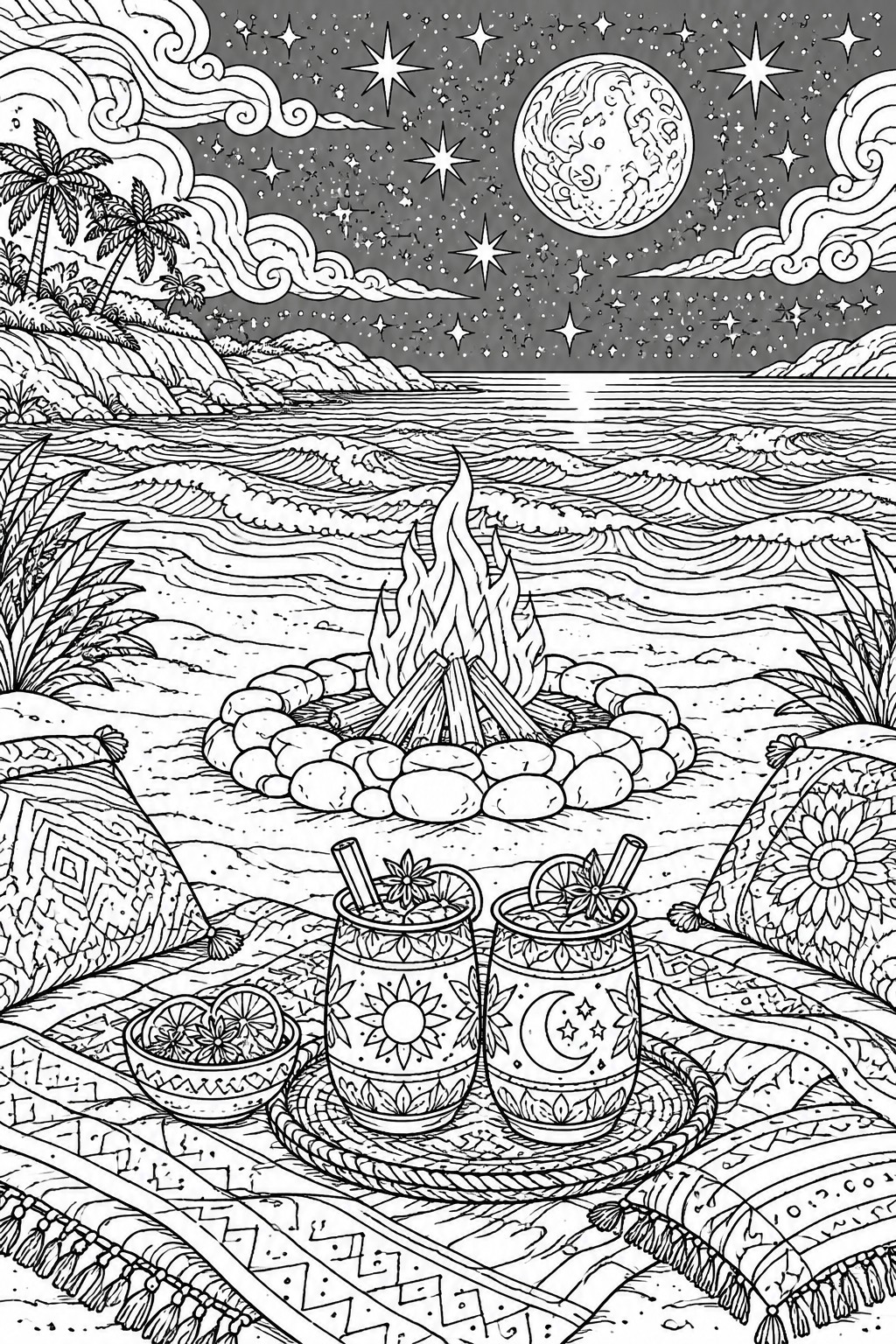 Beach bonfire at night with patterned mugs, pillows, ocean waves, moon and stars