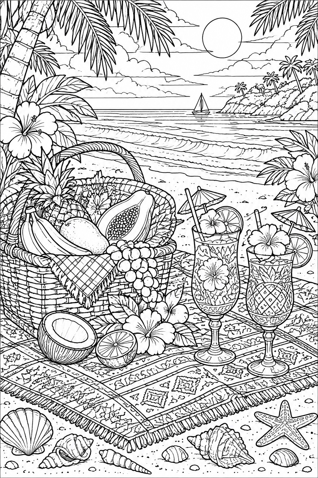 Line art of tropical beach picnic with fruit basket and cocktails on blanket.