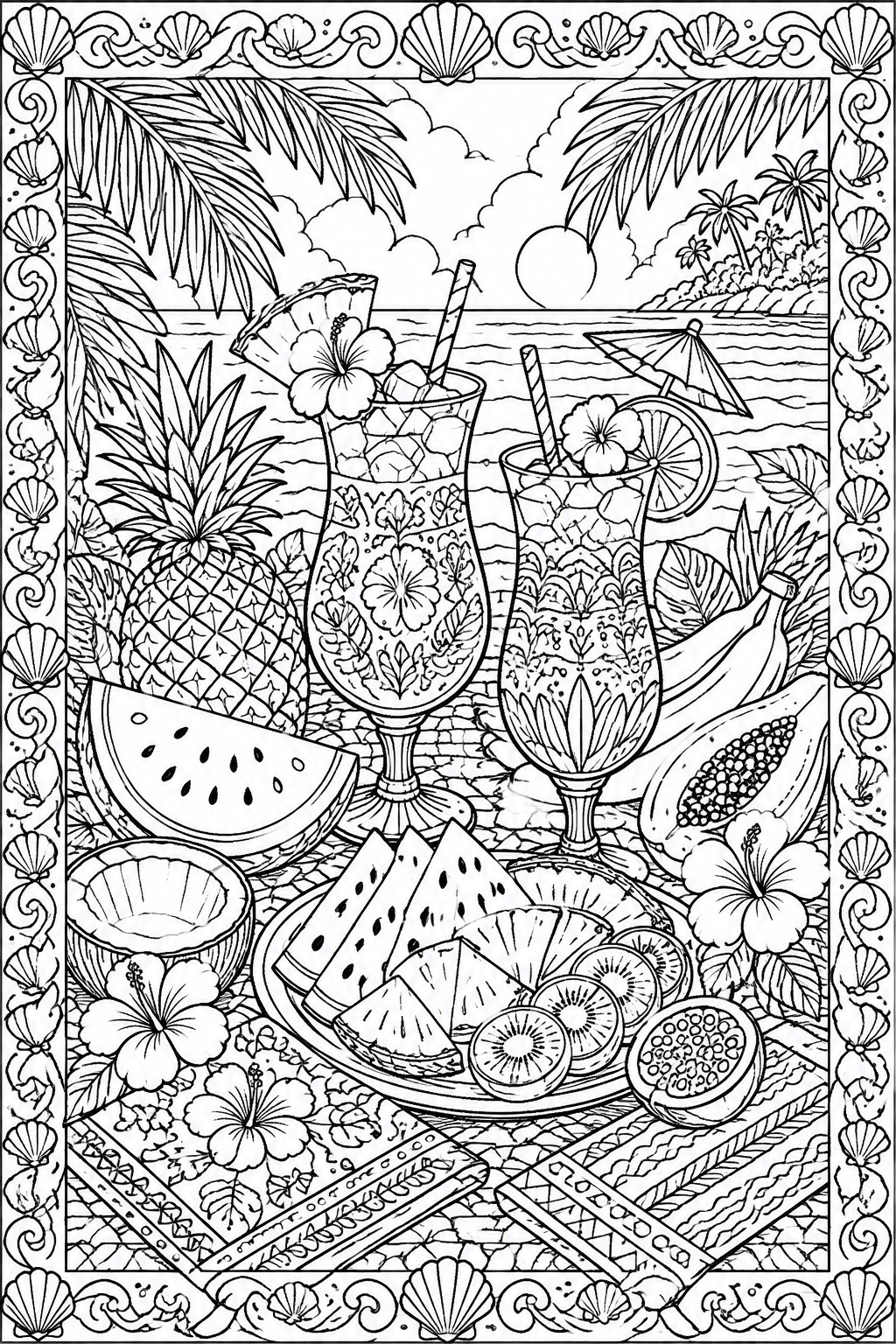 Coloring page of two tropical cocktails amid fruits on a beach with palm trees