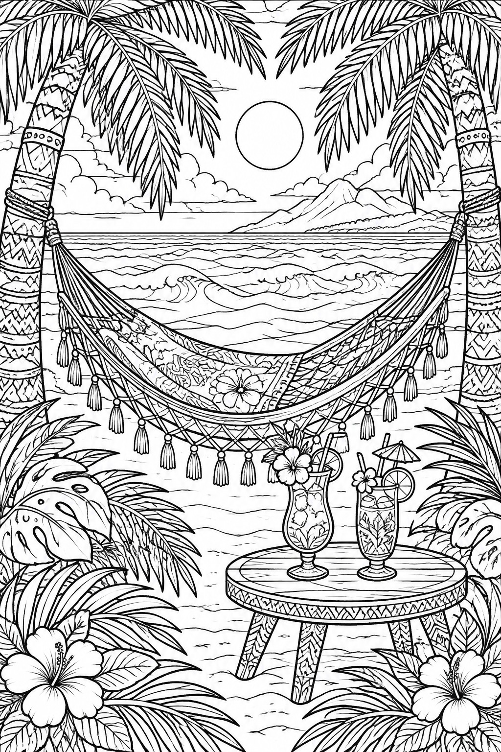 Detailed black and white beach scene with hammock, palm trees, and tropical cocktails.