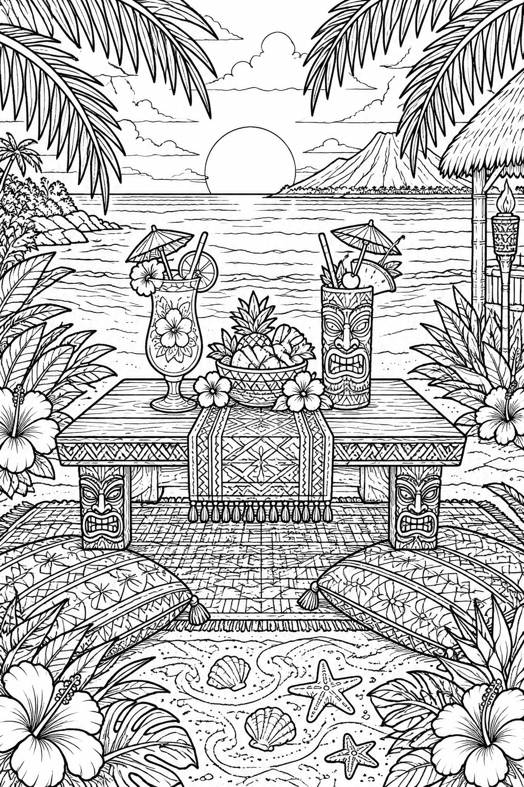 Tropical line art of tiki table with cocktails, fruit, and ocean sunset scene