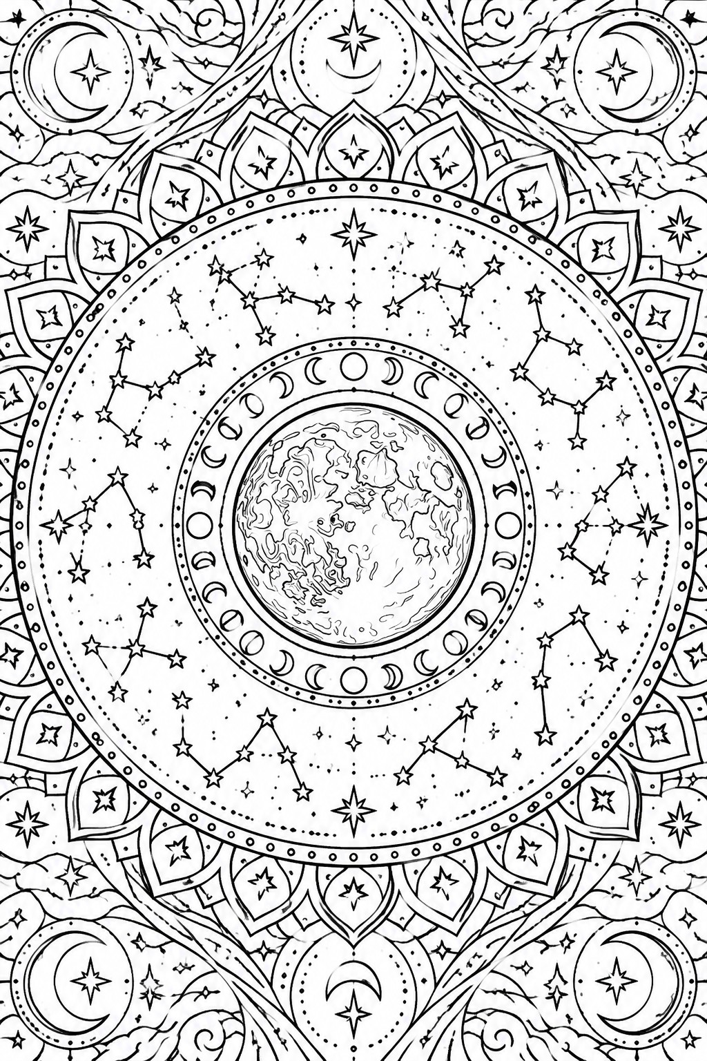 Intricate black-and-white mandala with central Earth, constellations, stars, and moon phases.