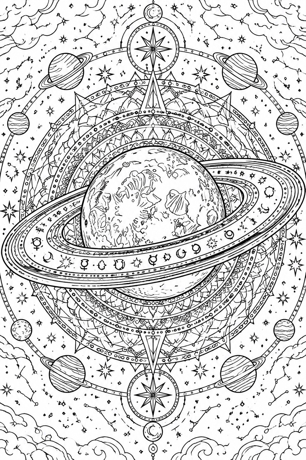 Detailed black and white mandala of Earth amid planets, stars and geometric patterns