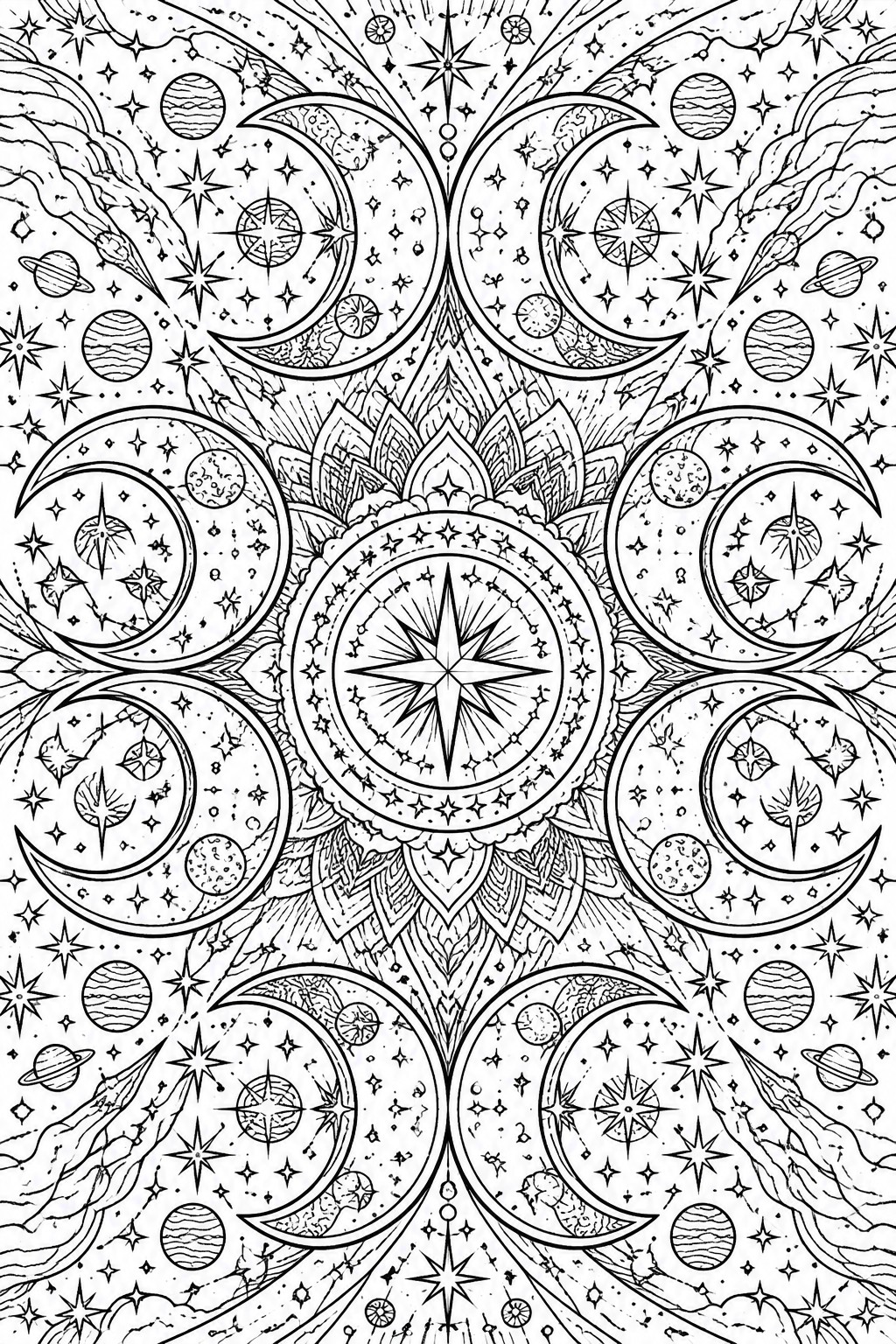 A black and white intricate mandala coloring page with crescent moons, stars, planets, and shooting stars arranged symmetrically around a central star.