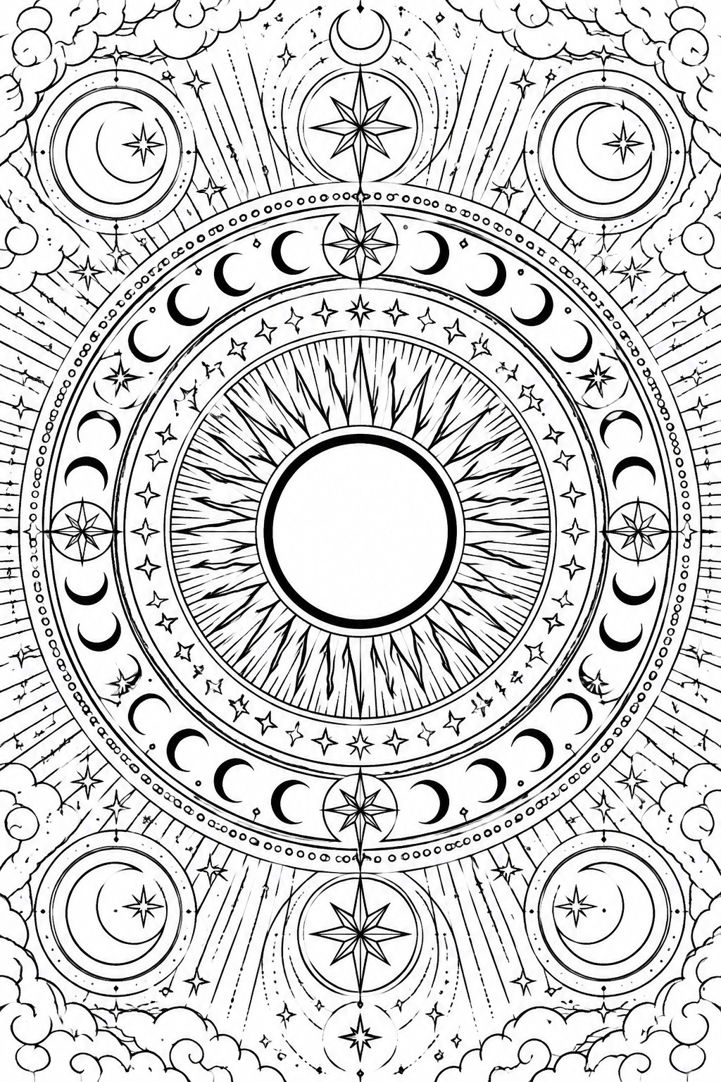 Symmetrical celestial mandala with central sun, moon phases, stars, and clouds