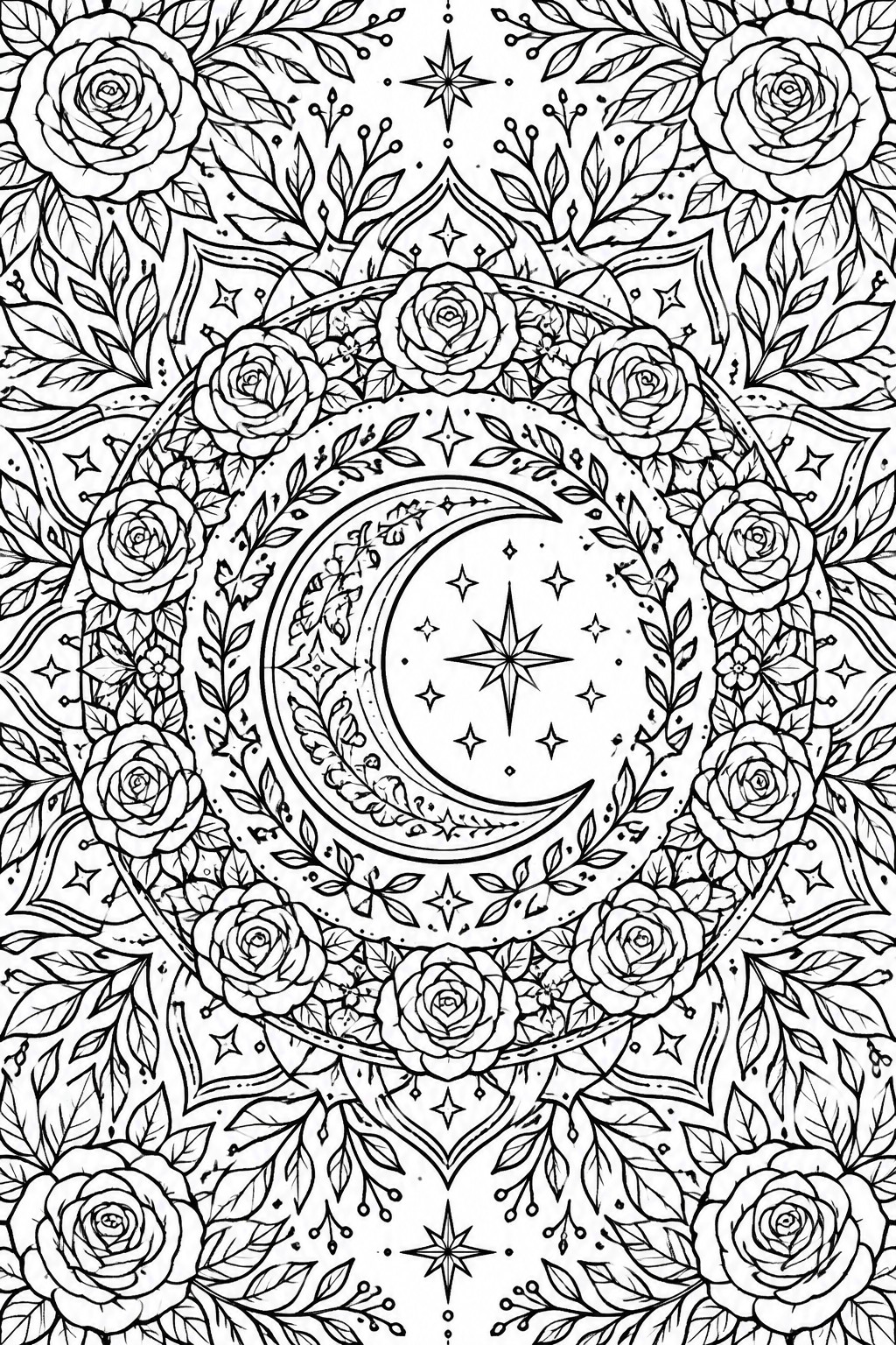 Black and white line art of a mandala with a central crescent moon and stars, ringed by roses and leaves in a circular pattern.