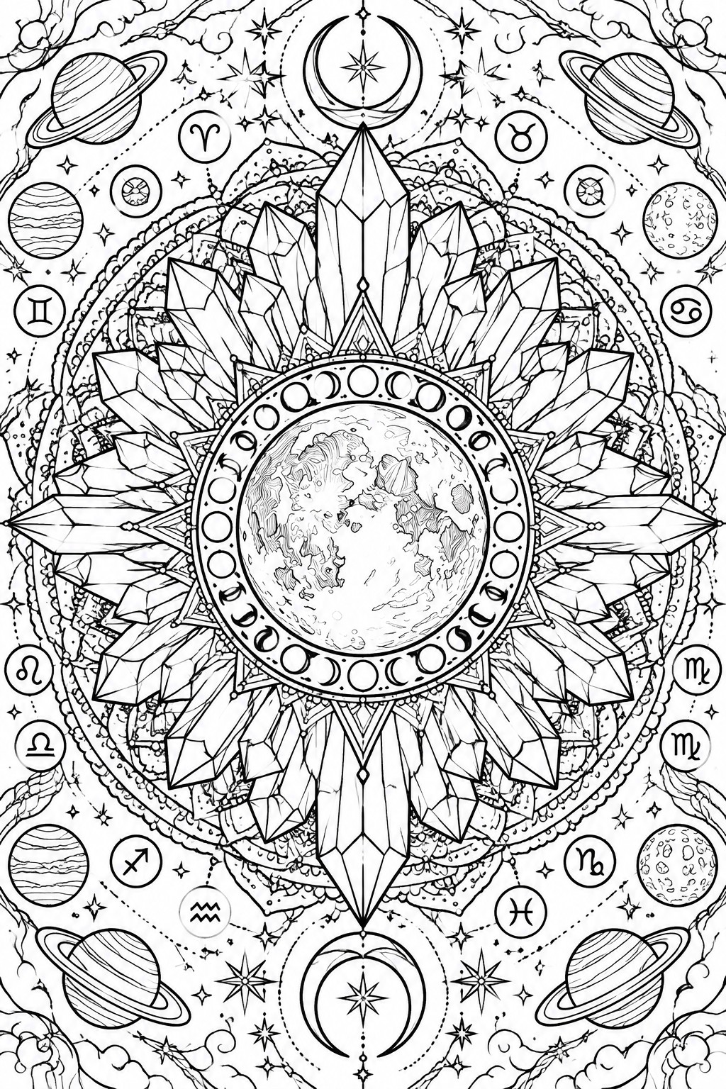 Intricate celestial mandala with central Earth, crystals, moon phases, zodiac signs, and planets.