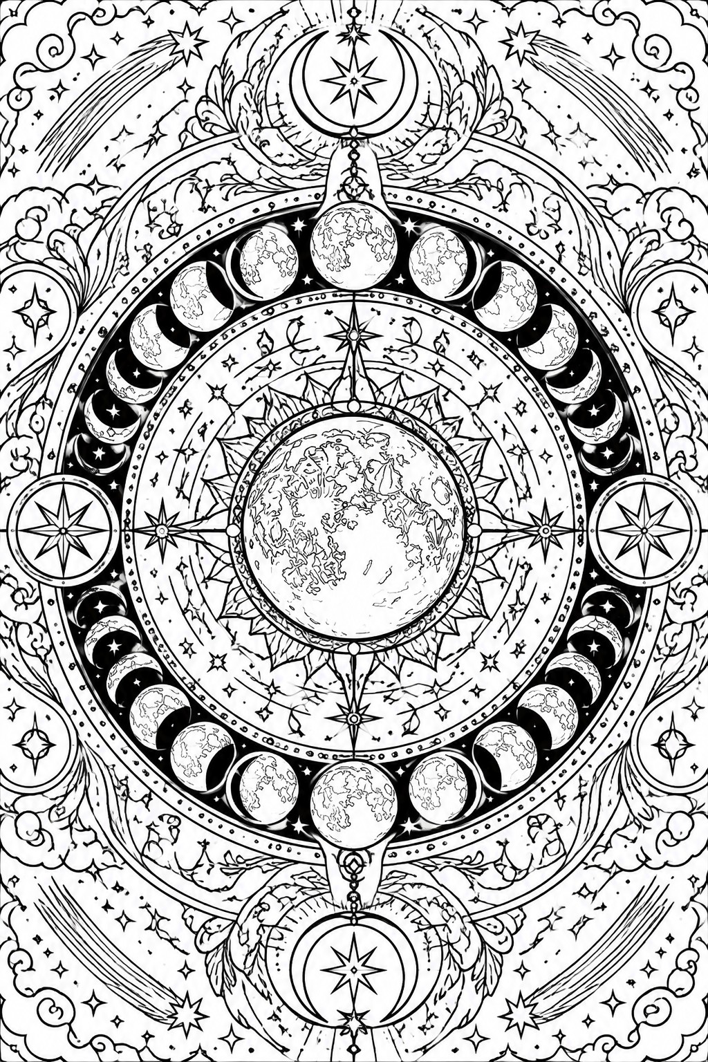 Intricate celestial mandala with central Earth, moon phases, stars, and compass roses.