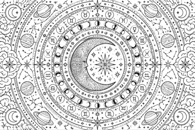 21 Intricate Moon Mandala Coloring Pages With Celestial Symbols Black and white mandala coloring page with central crescent moon, moon phases, zodiac symbols, constellations, planets, and stars arranged in concentric circles.