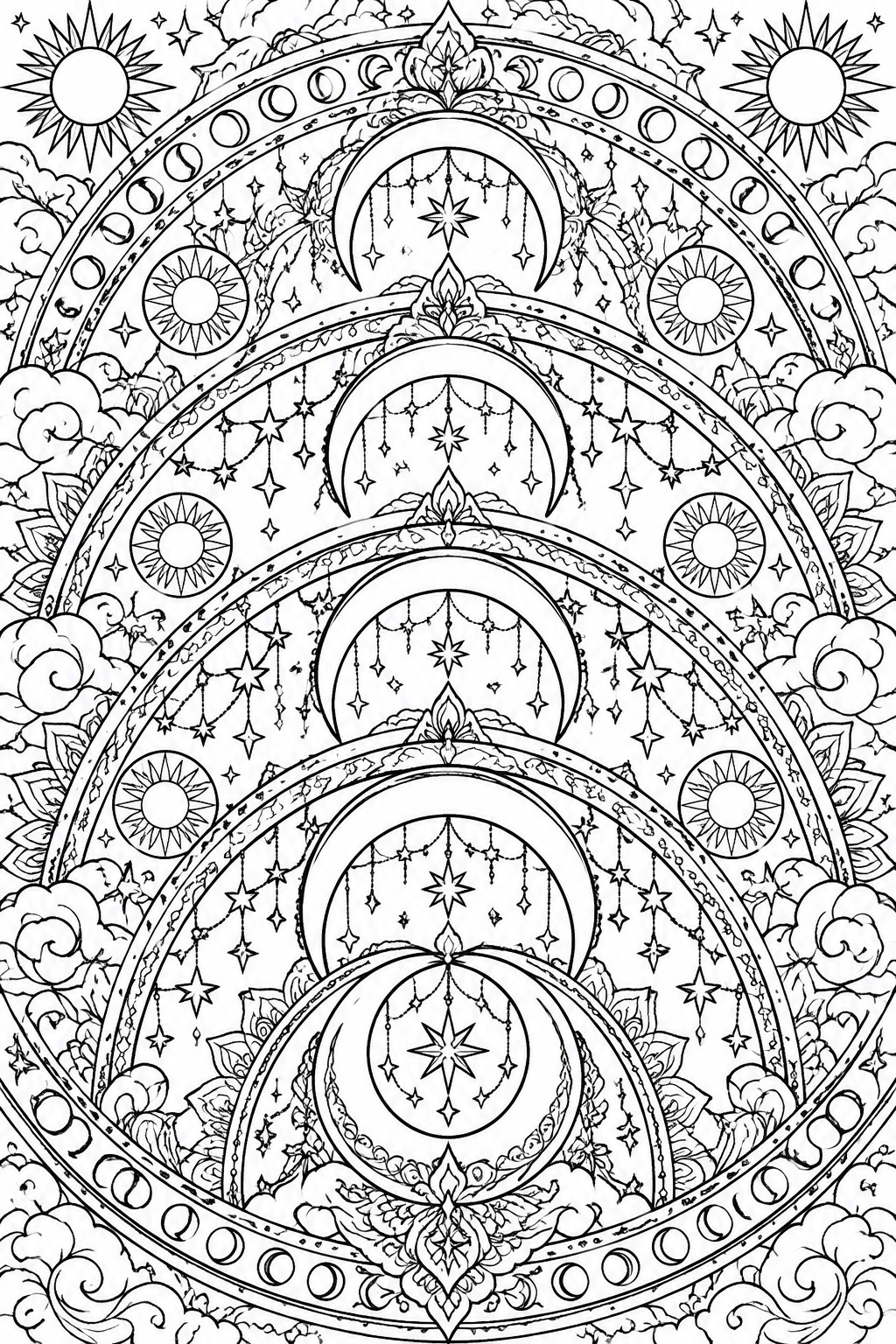 Celestial mandala with crescent moons, suns, stars, clouds, and ornate patterns.