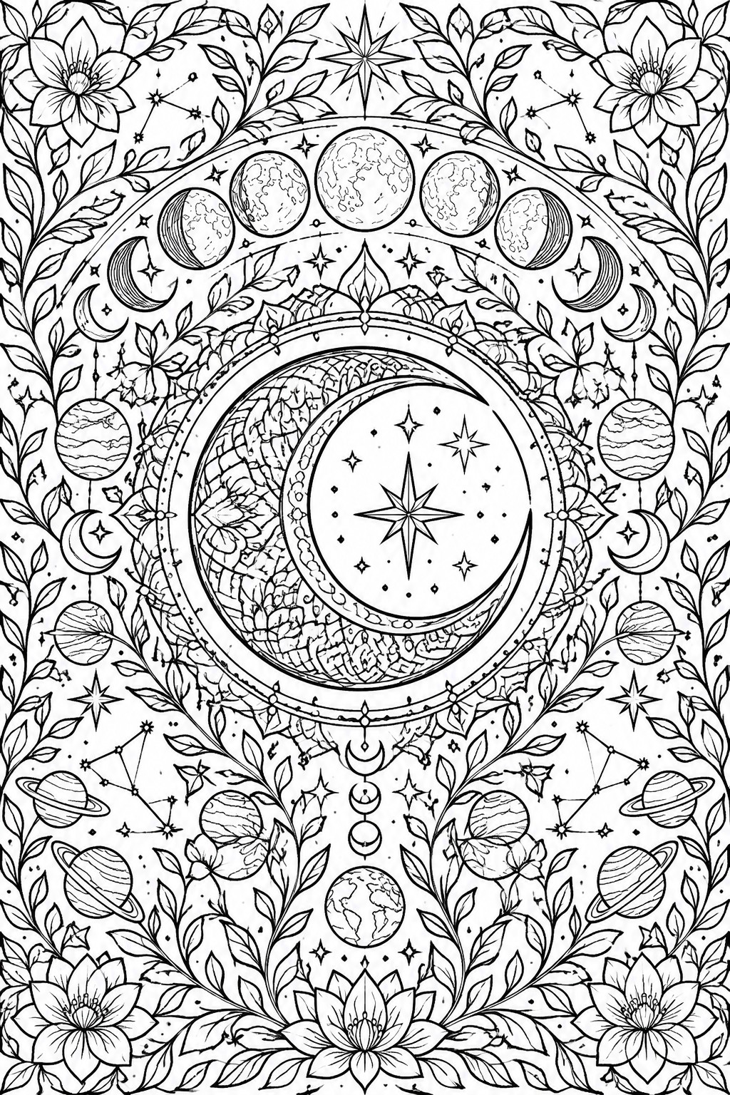 A black and white line drawing of a circular mandala with a central crescent moon and star, surrounded by moon phases, planets, stars, constellations, flowers, and leaves.