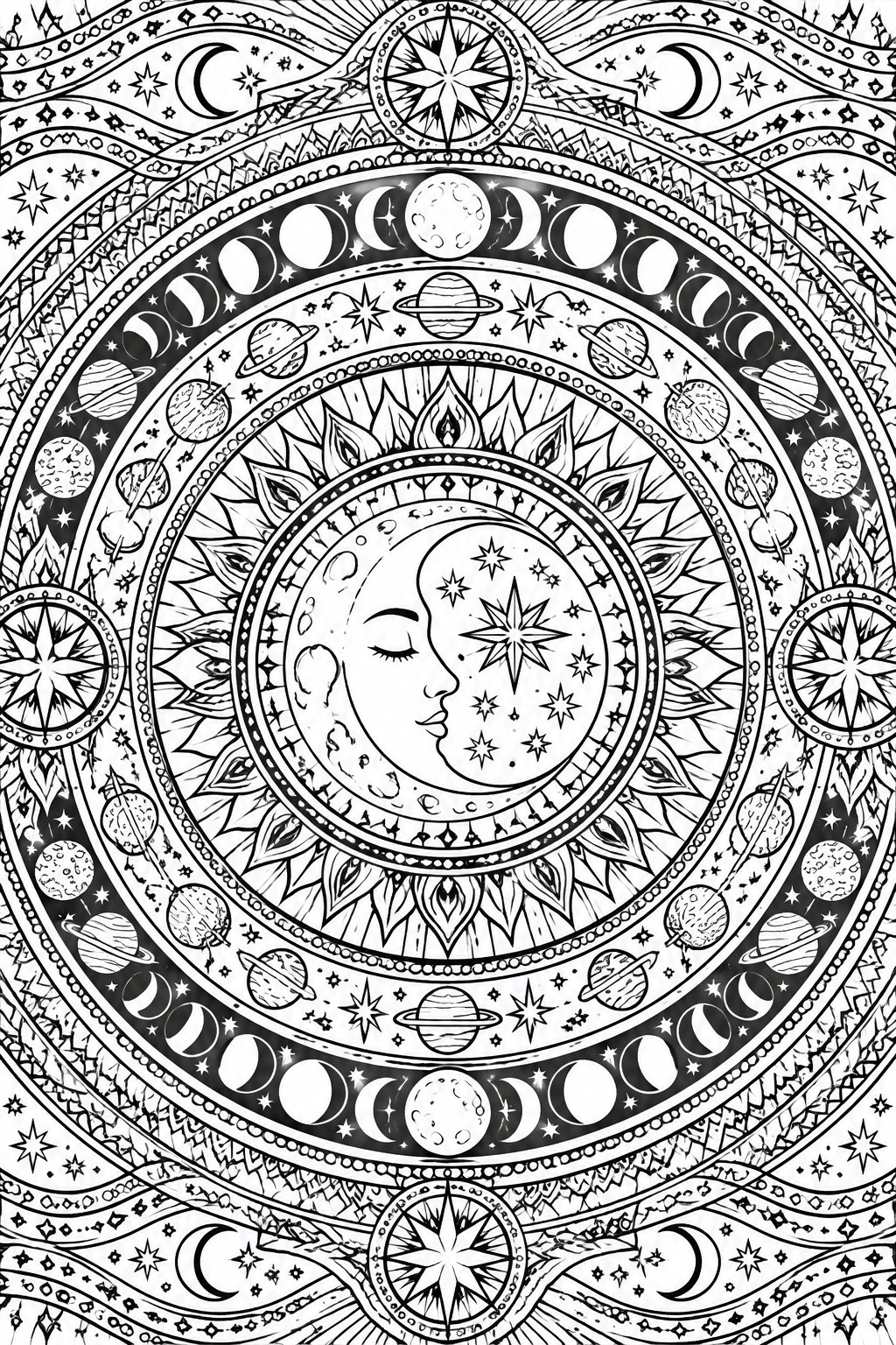 Intricate black-and-white mandala with moons, planets, stars, and compass roses