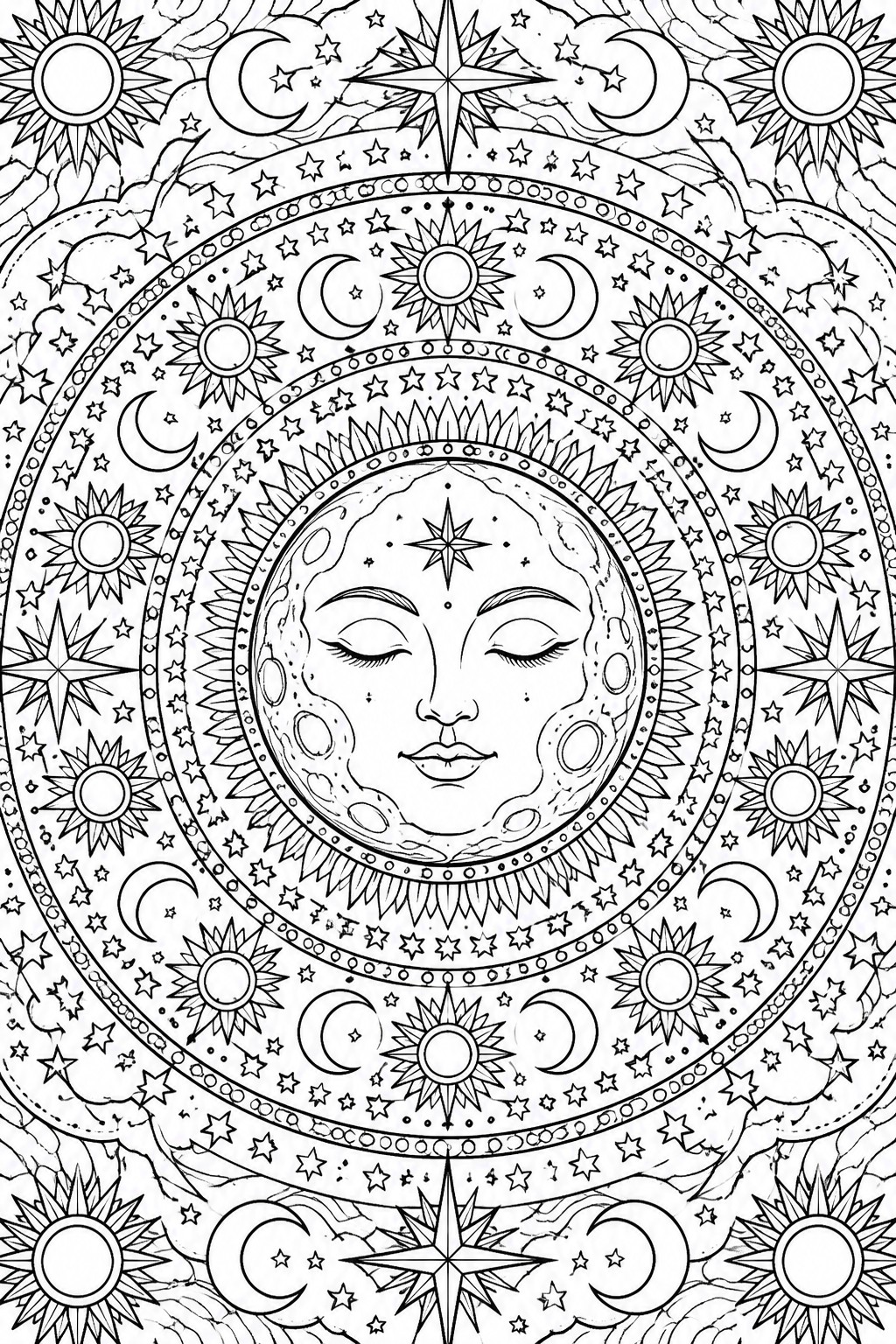 Intricate celestial mandala with central moon face encircled by stars, suns, and moons.