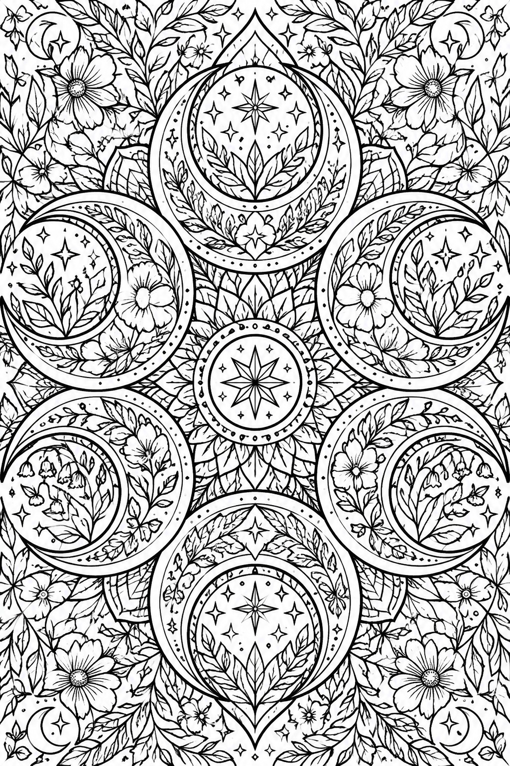 Intricate black-and-white mandala with crescent moons, stars, flowers, and leaves.