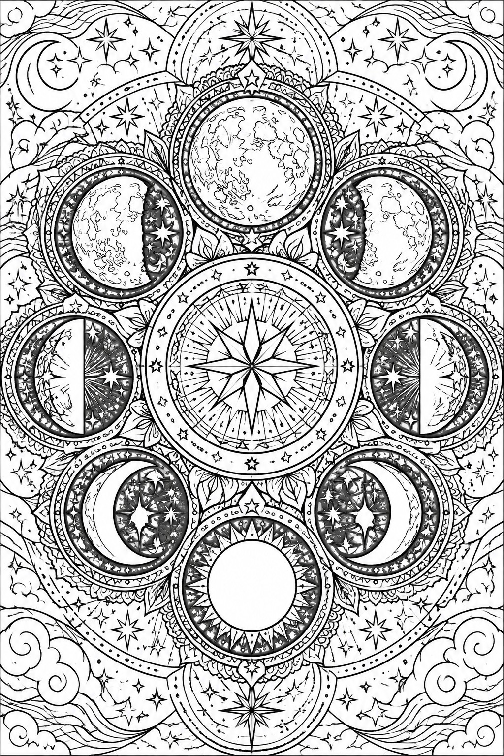 A black and white intricate mandala coloring page showing moon phases and planet illustrations arranged symmetrically around a central compass star with surrounding decorative swirls and stars.
