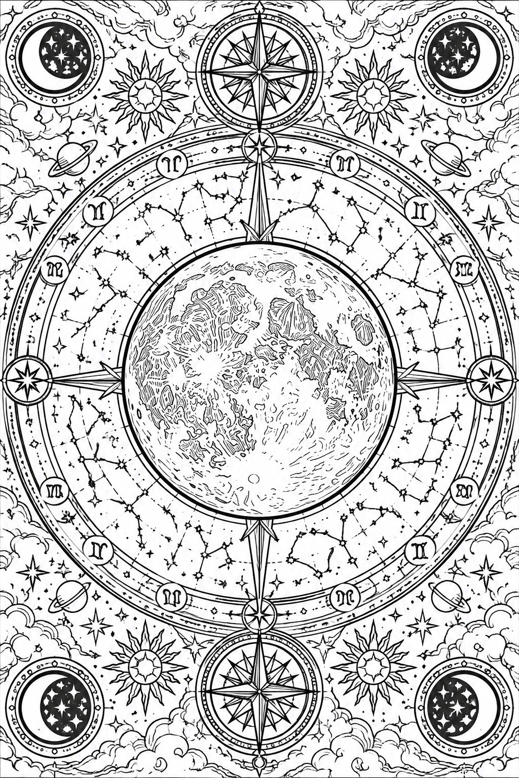 Black and white line art mandala featuring a central cratered planet, zodiac circle, constellations, stars, planets, suns, moons, and compass roses.