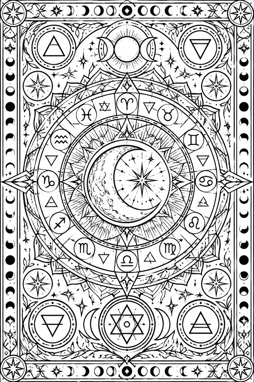Intricate black-and-white celestial mandala with zodiac wheel, moon phases, stars, and alchemical symbols.