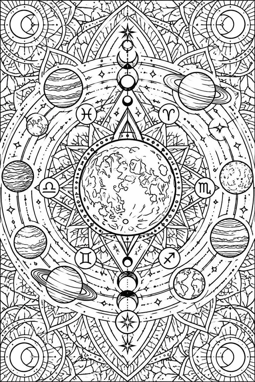 Black and white mandala coloring page with Earth in the center, planets around it, zodiac symbols, and vertical moon phase illustrations.