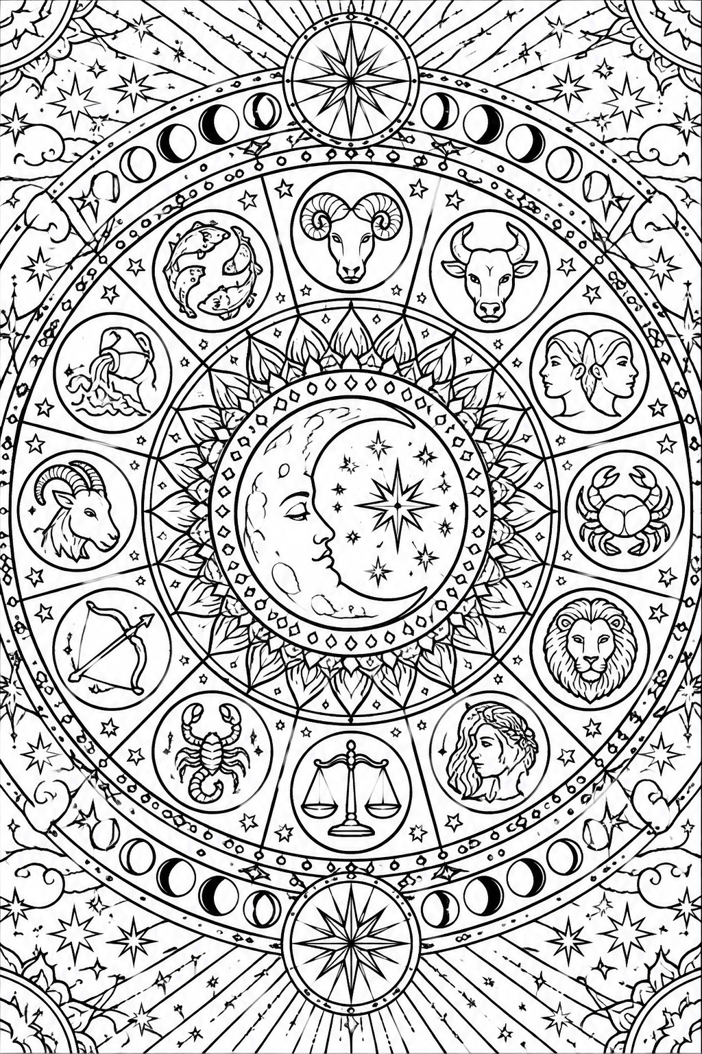 Detailed black-and-white zodiac wheel with all twelve signs, moons, stars, and central crescent face.