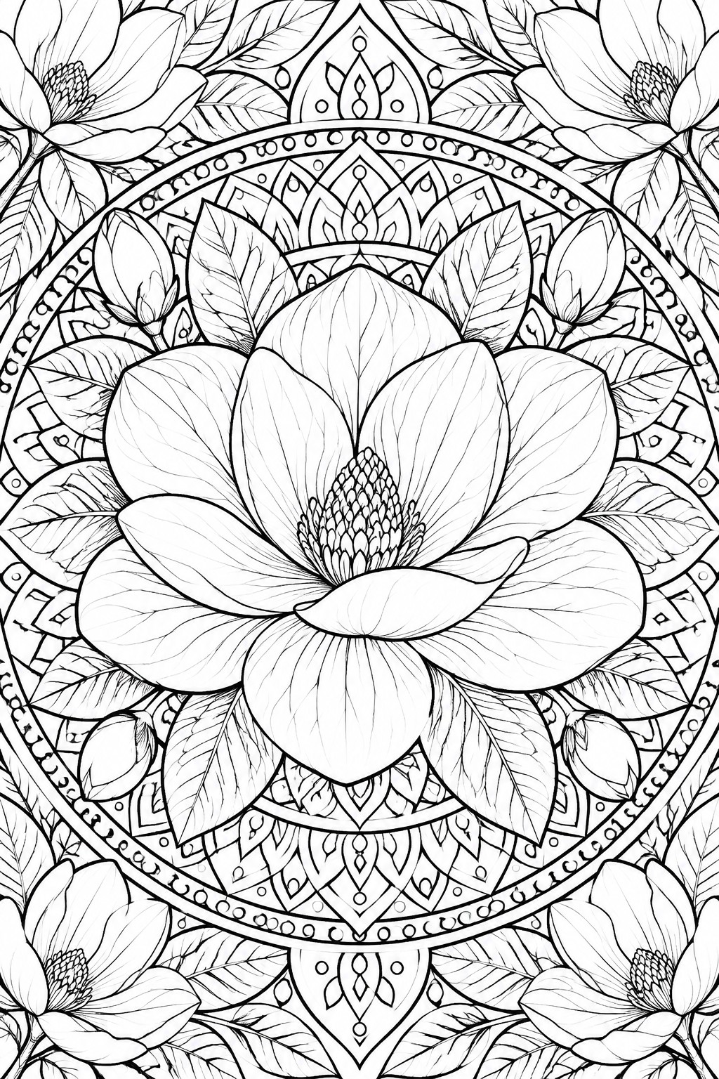 Black and white mandala with large central flower, leaves, and intricate circular patterns