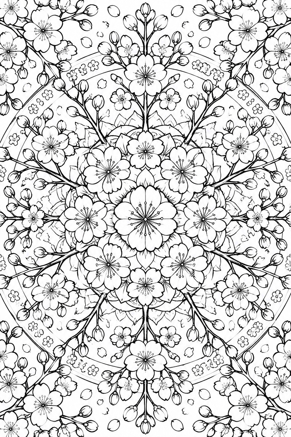 Black and white mandala with cherry blossoms, branches, buds, and leaves in symmetrical design