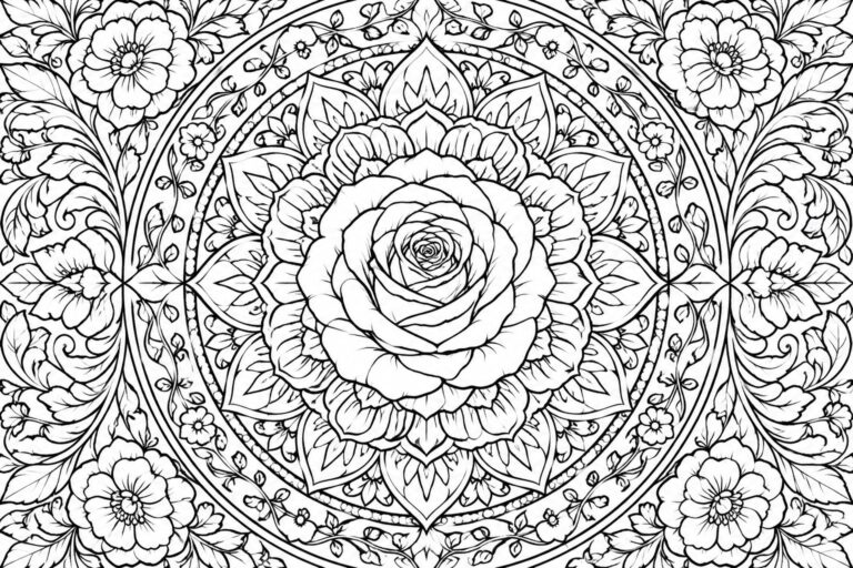 21 Lovely Floral Mandala Coloring Pages Centered on Petals and Blooms A black and white line drawing of a floral mandala with a central rose, surrounded by layered petals, leaves, and small flowers in symmetrical rings.