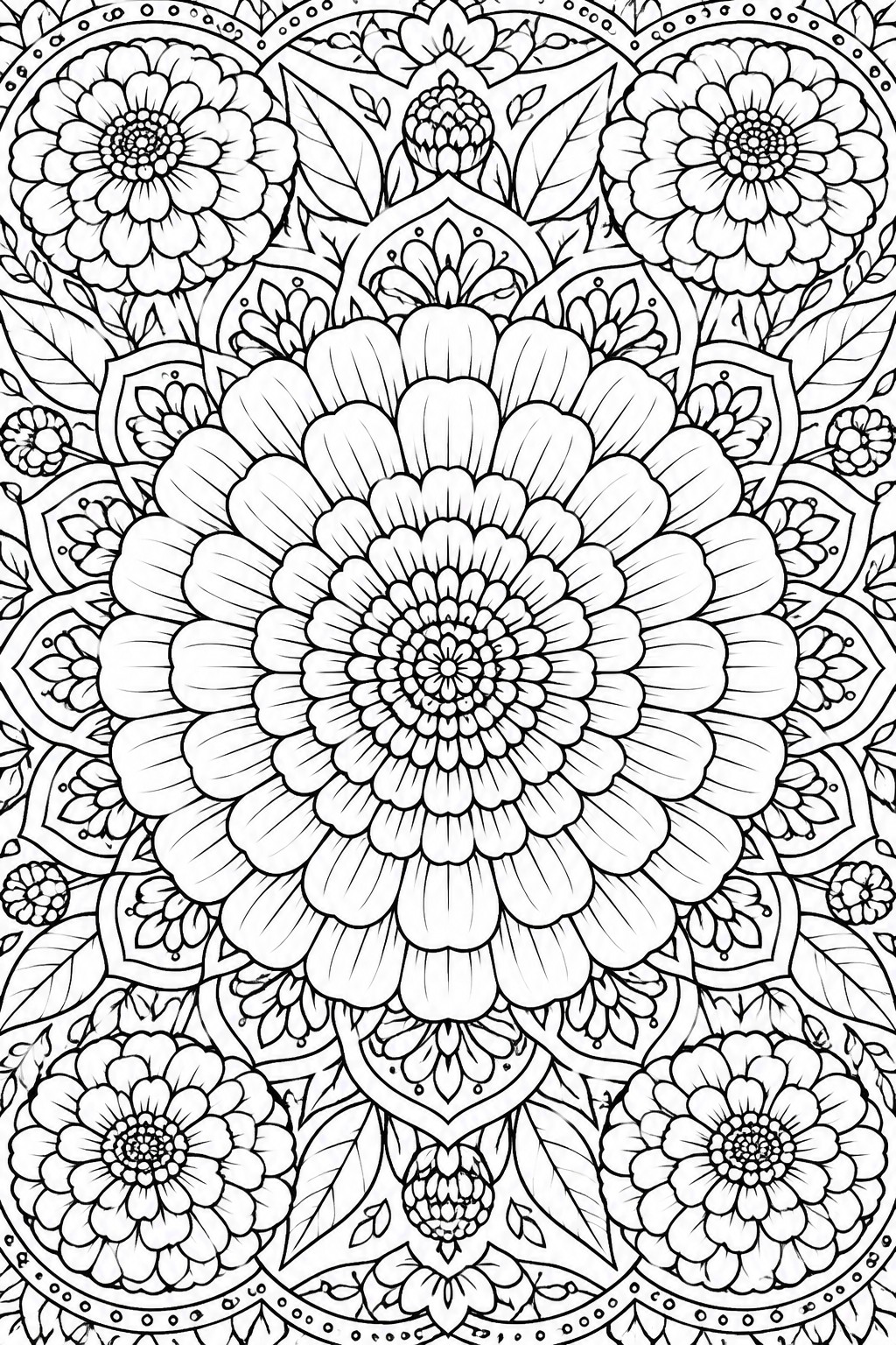 Black and white line drawing of a floral mandala featuring one large central flower surrounded by smaller blooms and leaves in a circular pattern.