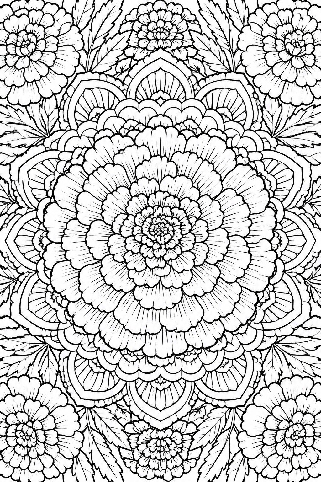 Intricate black and white floral mandala with large central bloom and layered petals and leaves
