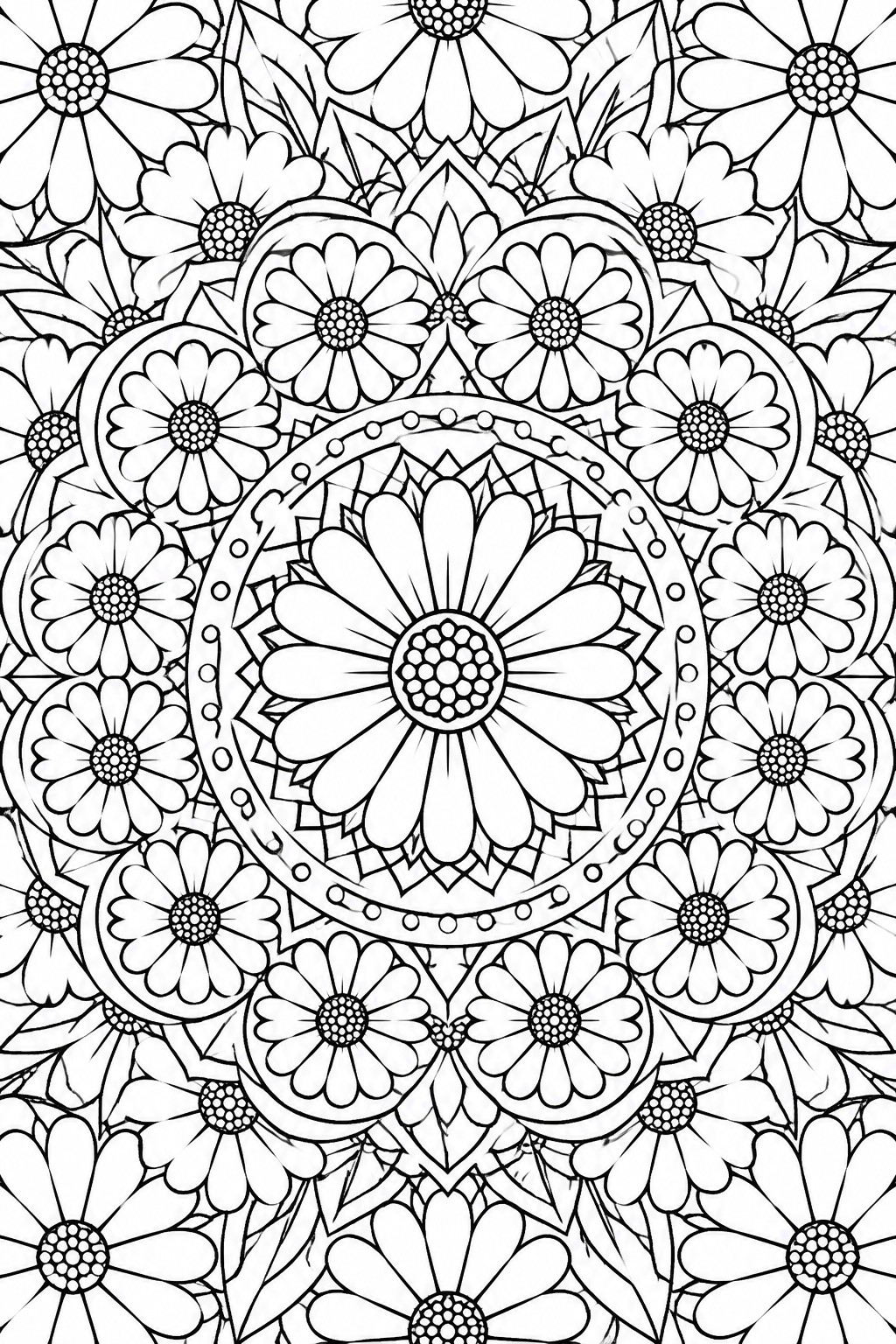 A black and white coloring page of a central mandala flower ringed by many smaller daisy flowers and leaves in a circular layout.