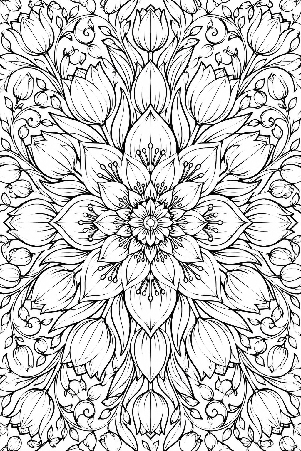 A black and white mandala coloring page with a large central flower surrounded by layered petals, tulip shapes, leaves, and vines in a symmetrical pattern.