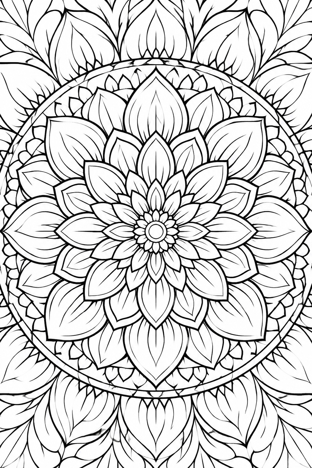 Intricate black and white mandala with layered symmetrical floral petals and leaves.