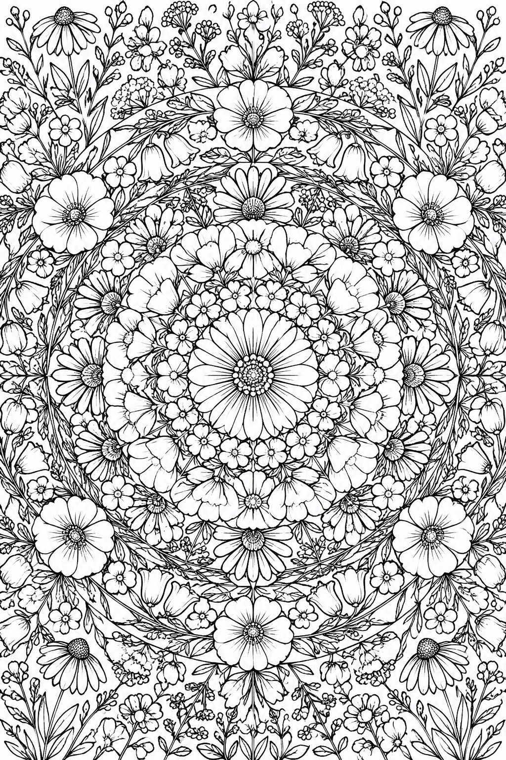 Intricate black-and-white floral mandala with layered daisies, bells, and leaves in symmetrical circles.