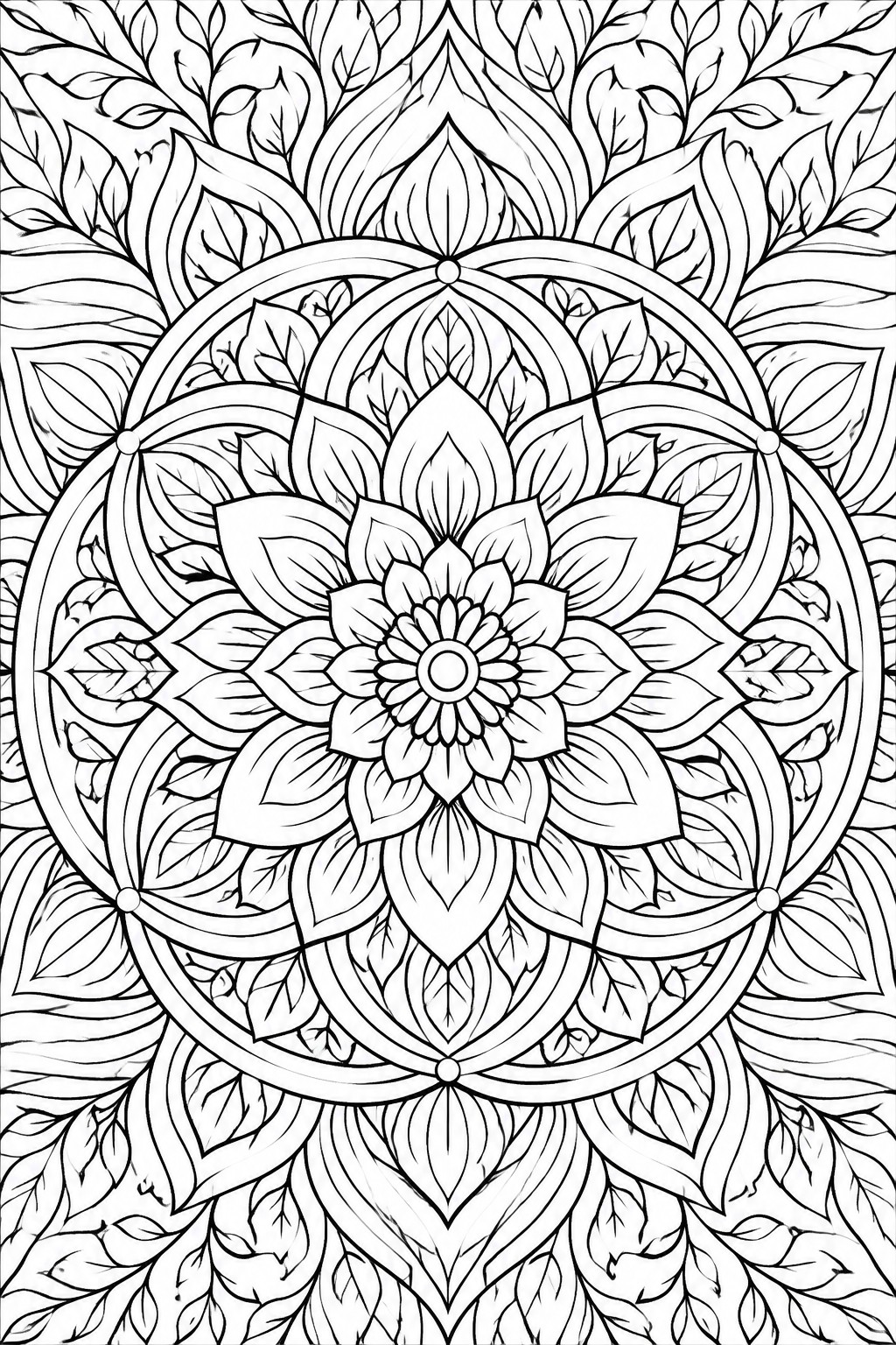 Intricate black-and-white mandala with layered floral petals and leaf motifs