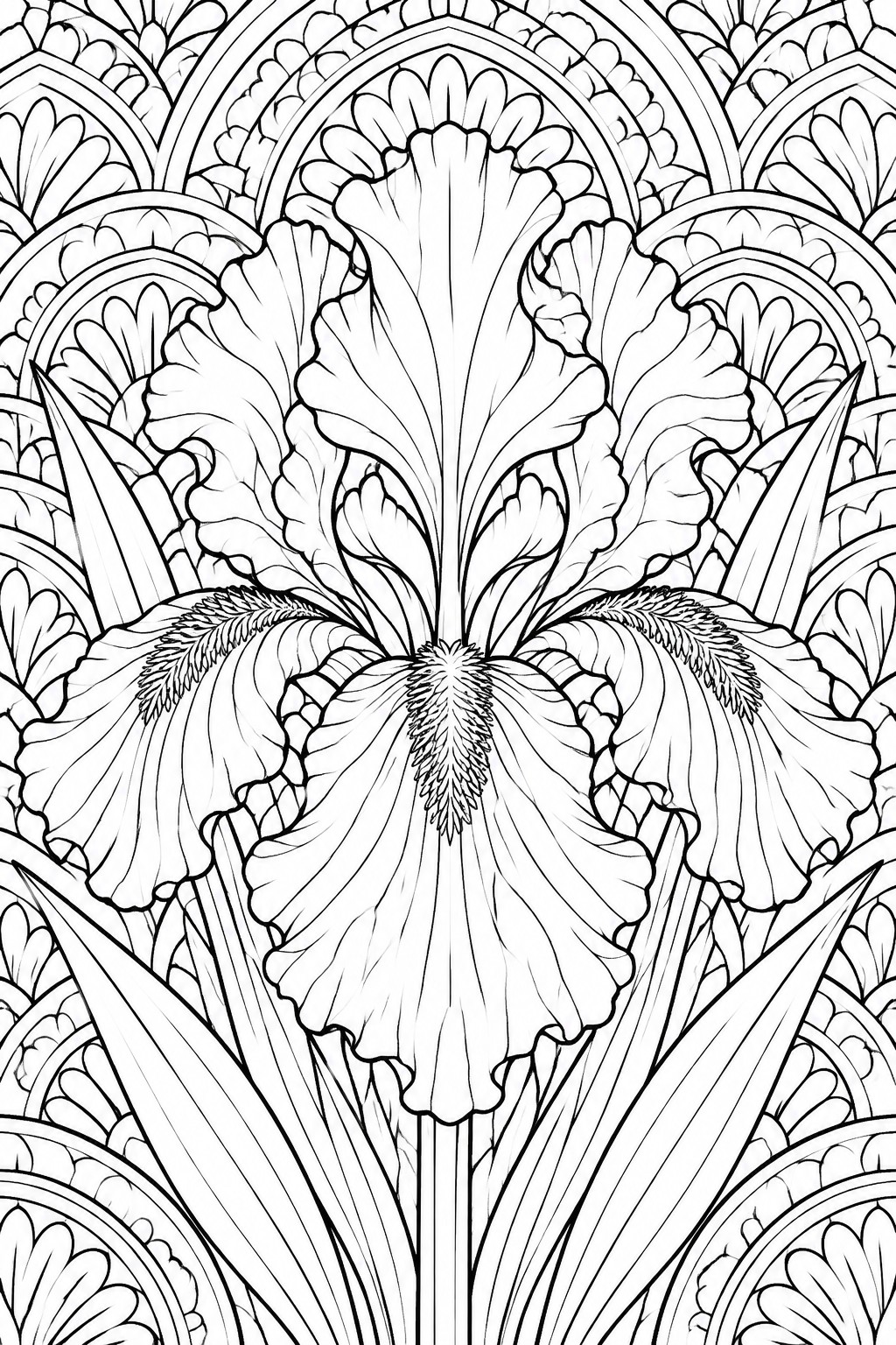 Intricate black-and-white line drawing of a central iris flower with ornate patterns