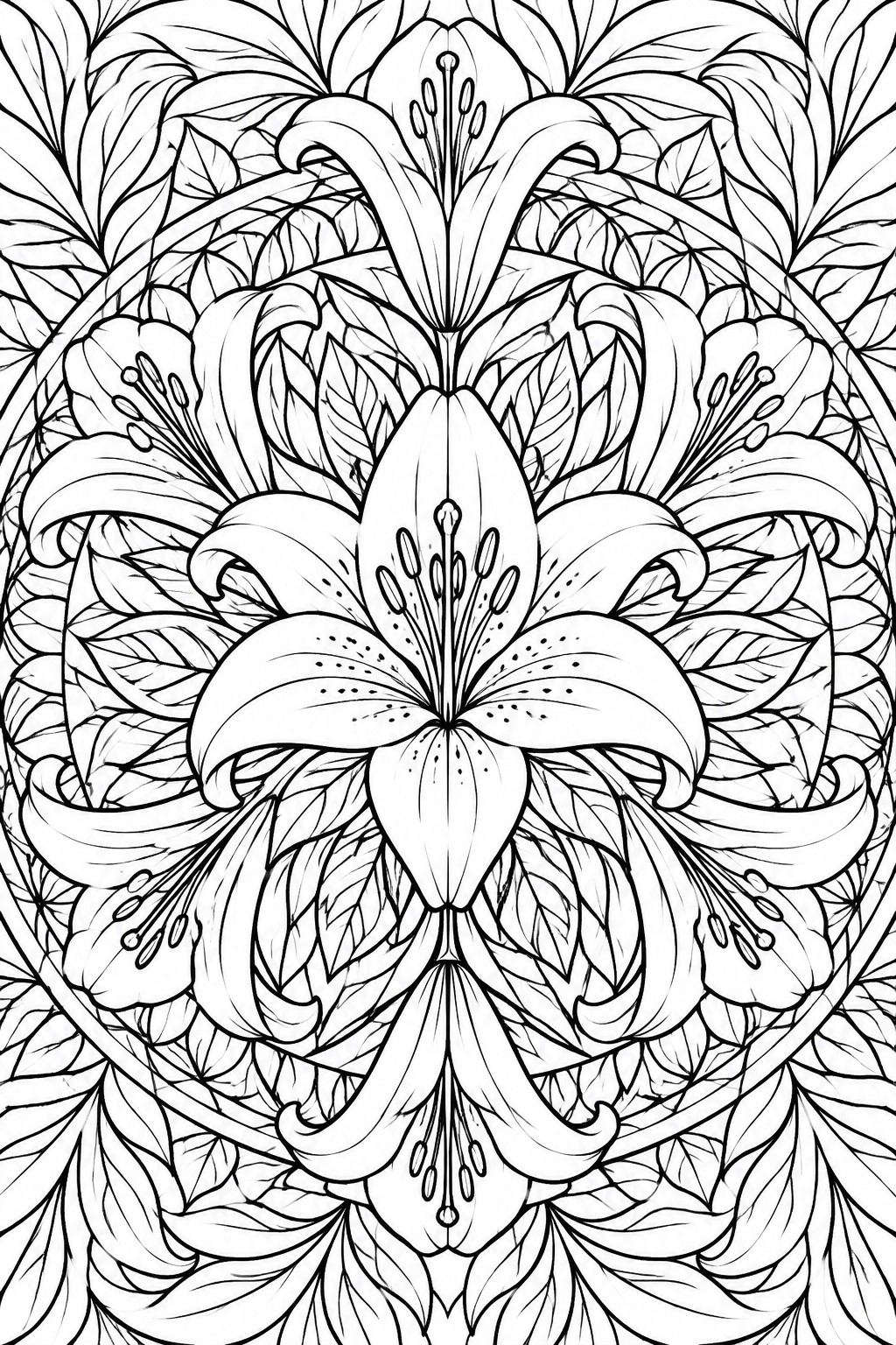 Intricate black and white mandala of symmetrical blooming lilies and leaves.
