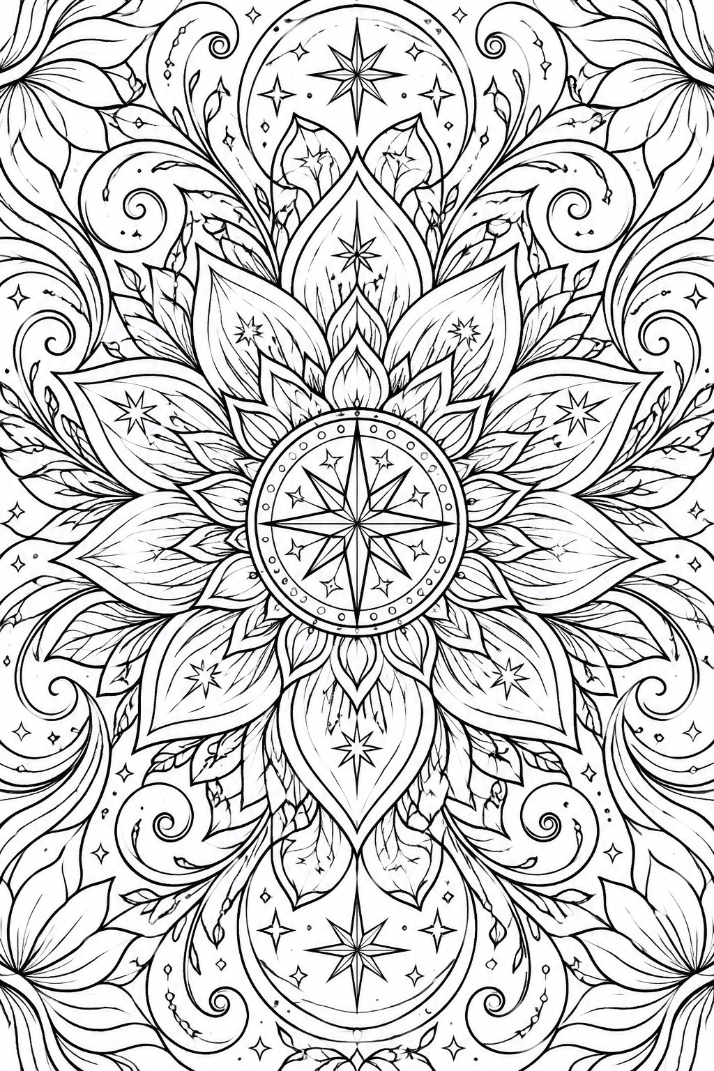 Intricate black-and-white mandala with leaves, swirls, stars, and central compass.