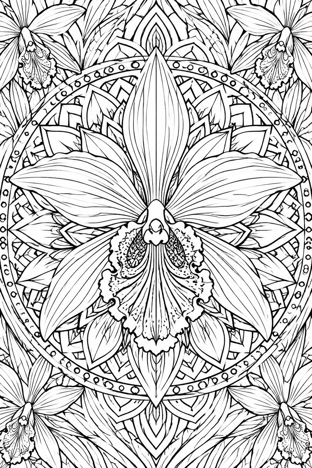 Intricate black and white floral mandala with large central orchid and symmetrical patterns