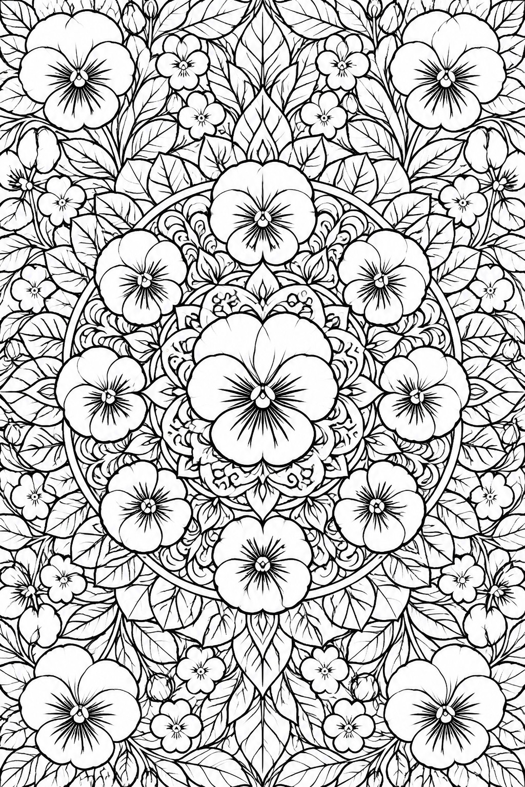 Intricate black-and-white floral mandala with pansies, leaves, and circular patterns.