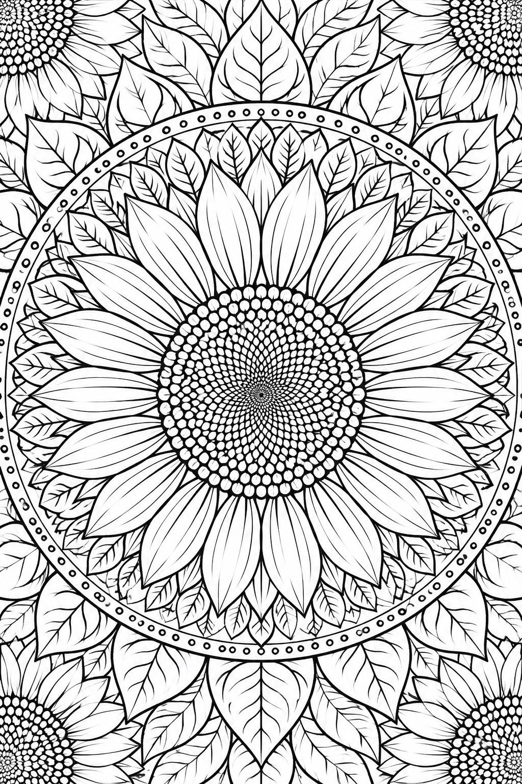 A black and white mandala coloring page with a large central sunflower, radiating petals, surrounding leaves, and smaller flowers in a circular dotted border.