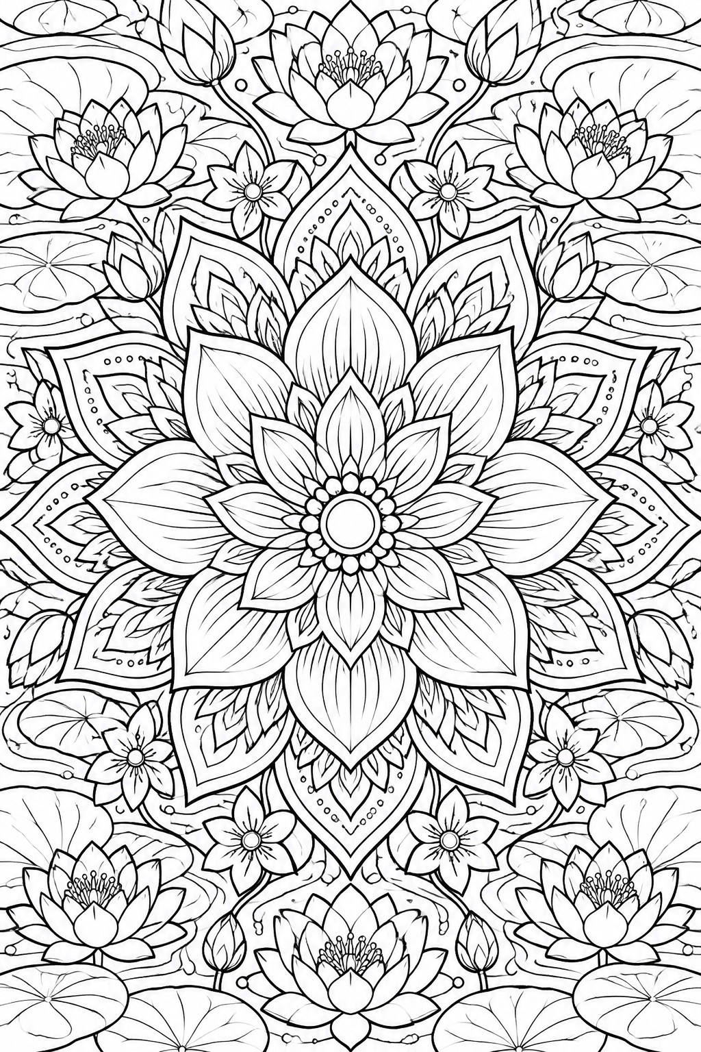 A black and white mandala coloring page with a large central lotus flower, surrounding leaves, smaller blooms, and water lily elements arranged in symmetrical layers.