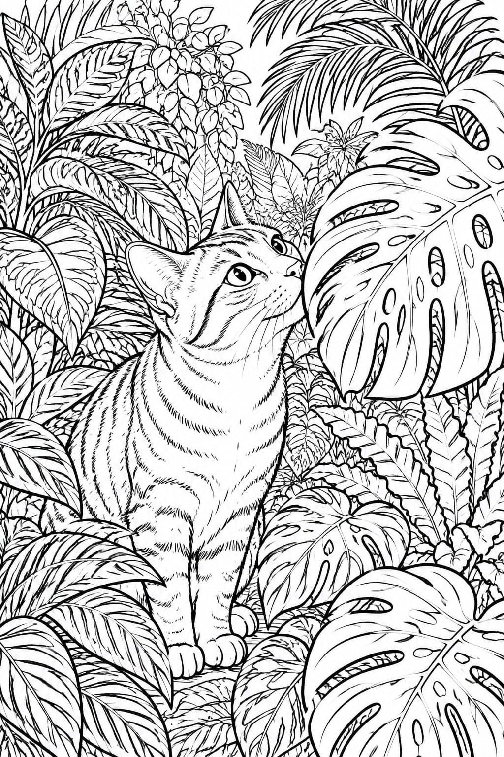 Striped cat sits amid dense tropical monstera and palm leaves in line art.