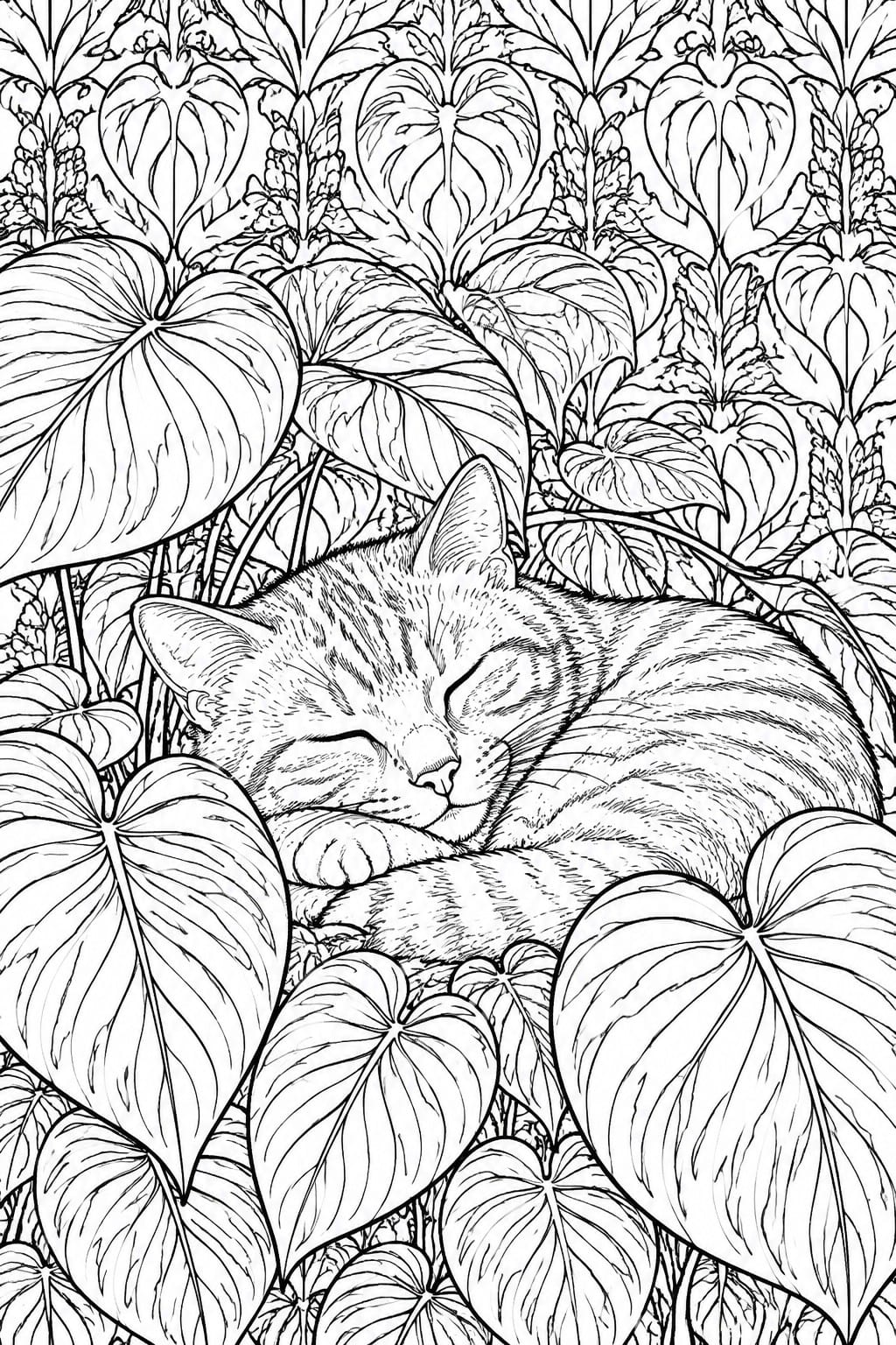 Sleeping cat curled amid dense tropical leaves in black and white line art.